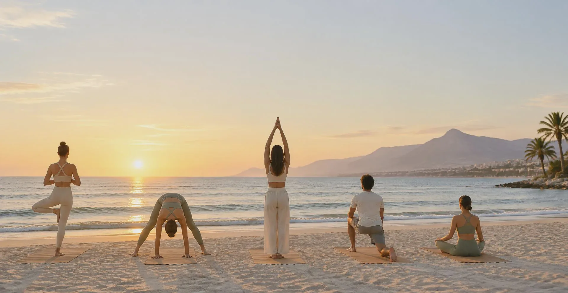 Clase de yoga en grupo junto al mar en la playa de Marbella