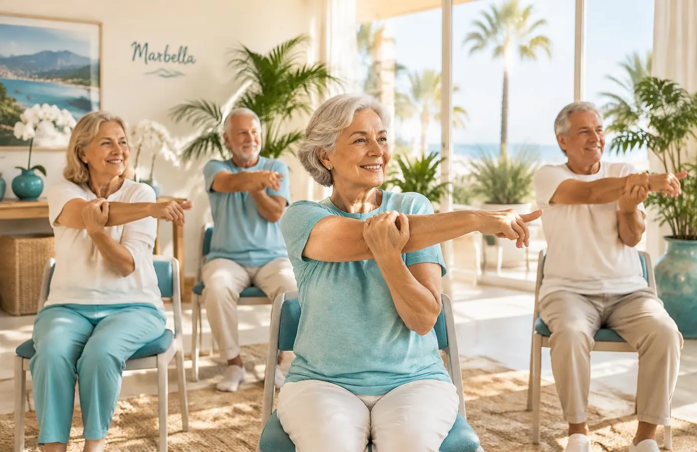Grupo de personas mayores practicando yoga en silla con estiramientos de brazos en Marbella